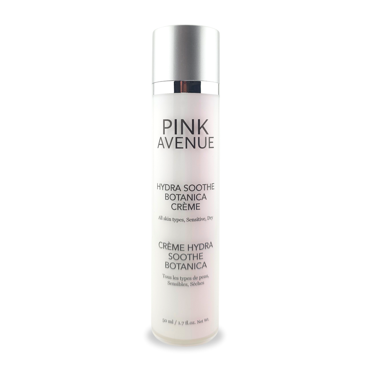 Pink Avenue Hydra Soothe Botanica Crème skincare bottle on a white background.