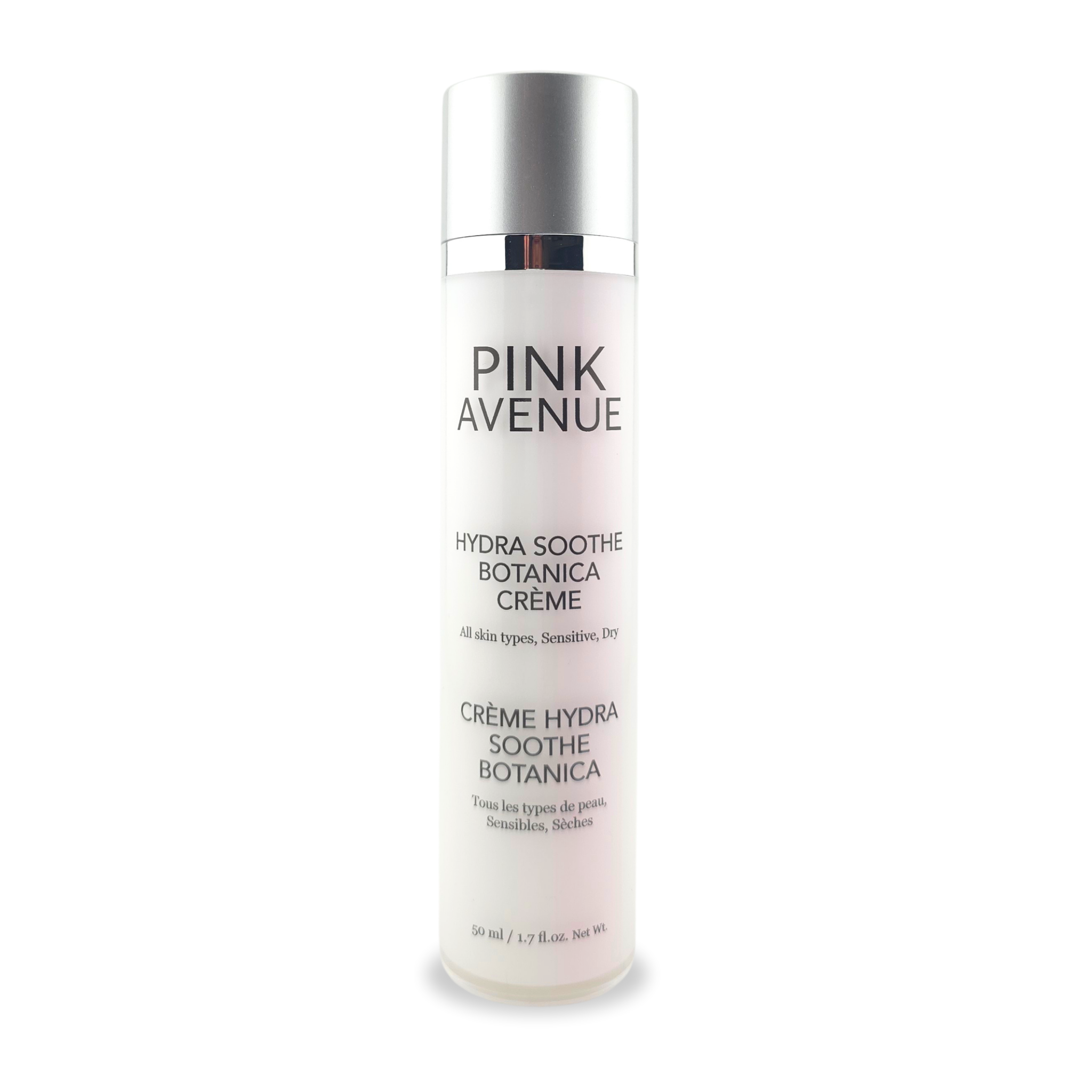 Pink Avenue Hydra Soothe Botanica Crème skincare bottle on a white background.