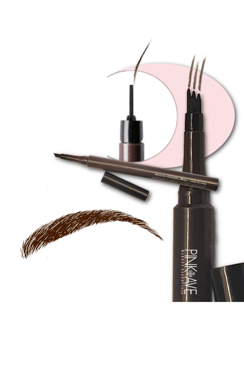 Eyebrow makeup products including a pencil, pen, and serum with 'Pink Avenue' branding on a white background.
