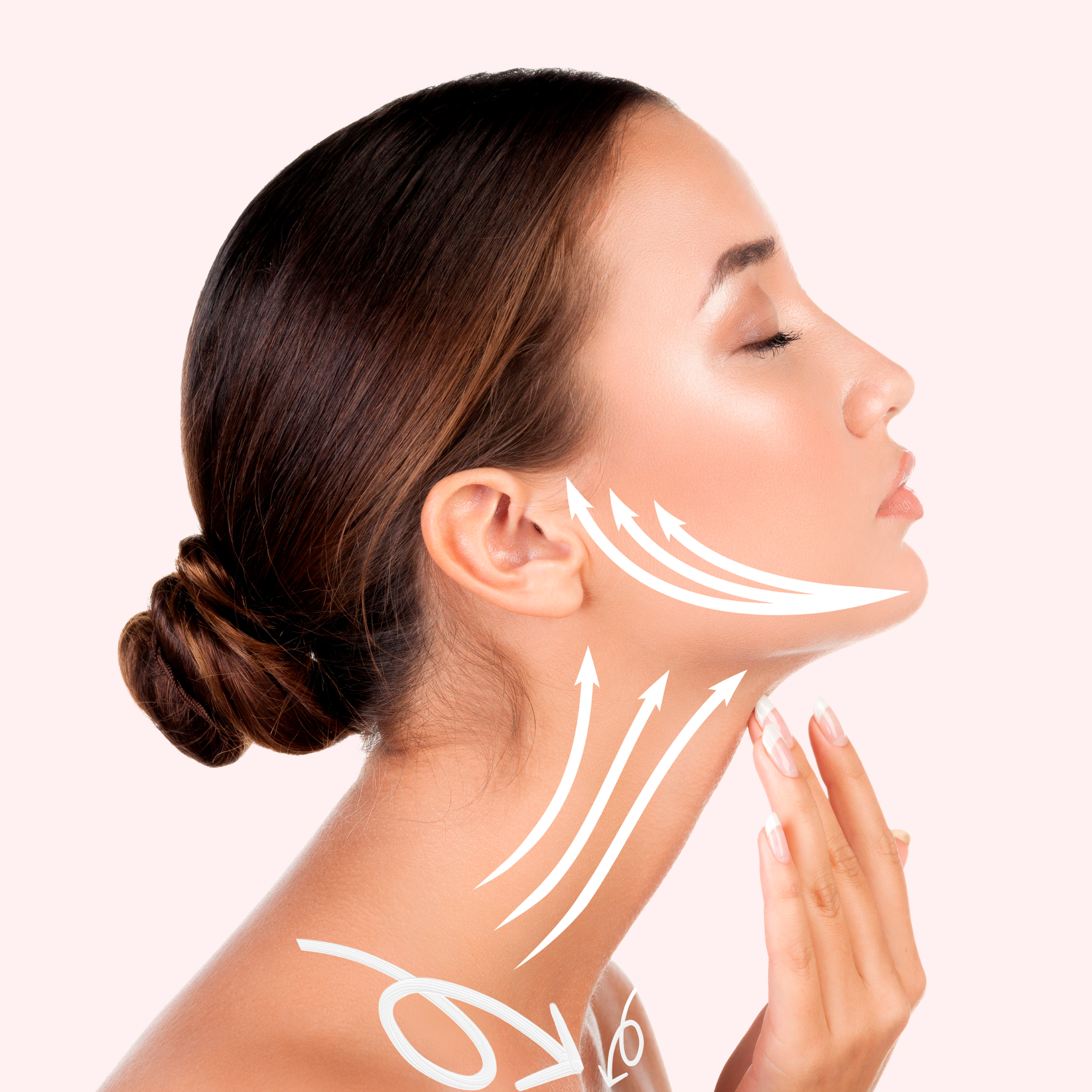 Woman with skincare product application diagram on her face and neck