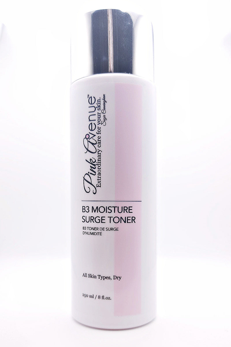  Pink Avenue B3 Moisture Surge Toner, a Canadian skin care product  shipping fromToronto. This hydrating and calming toner is infused with Niacinamide (Vitamin B3) to improve skin tone, strengthen the barrier, and minimize the appearance of pores. Soothing botanicals like Aloe Vera, Chamomile, Cucumber, Green Tea, and Honeysuckle help calm redness and irritation. Enriched with Glycerin and Gluconolactone for lightweight hydration, this toner supports all skin types, especially sensitive, dry, and combinatio