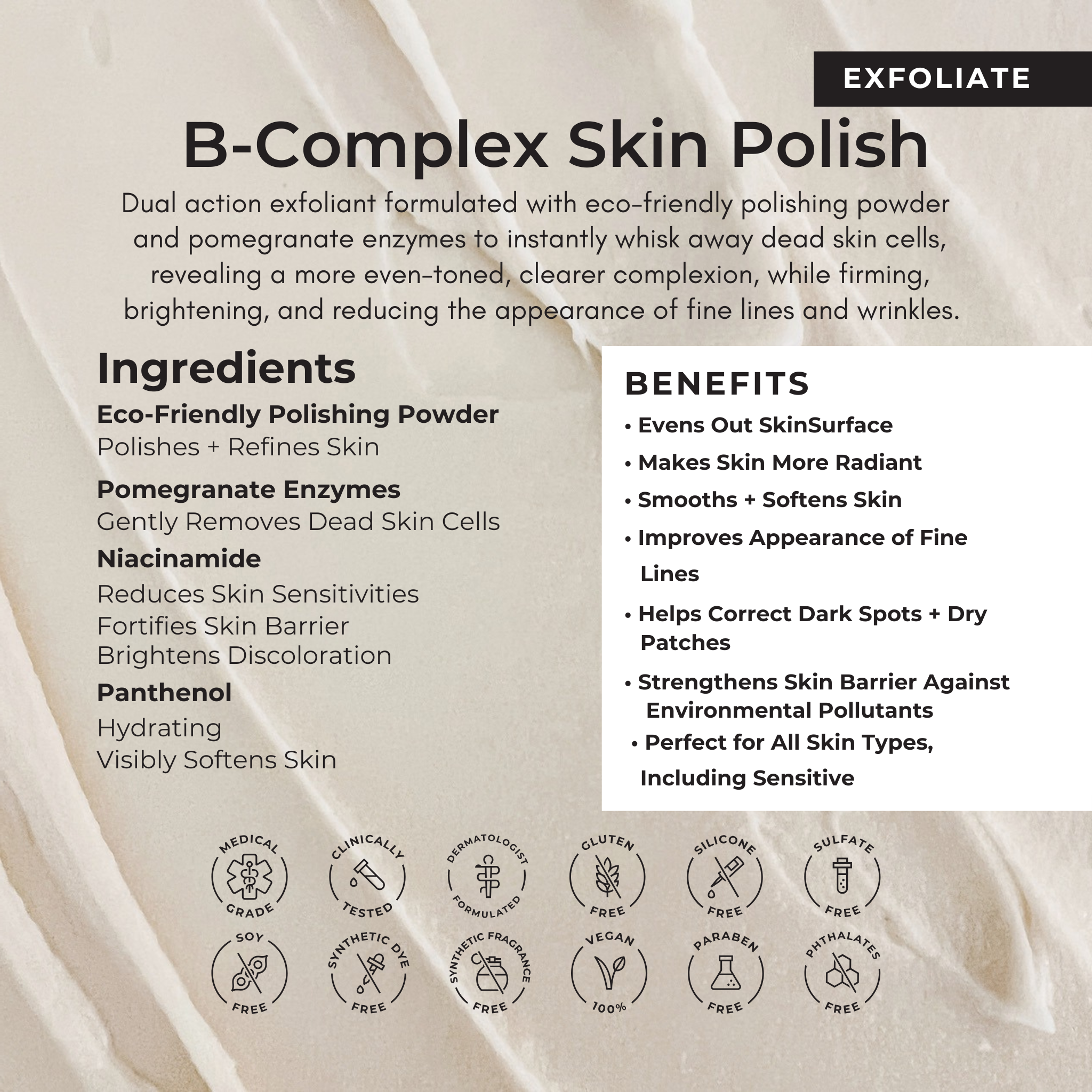 Produktemballage til Pink Avenue B-Complex Skin Polish med anført eksfolierende fordele og ingredienser.