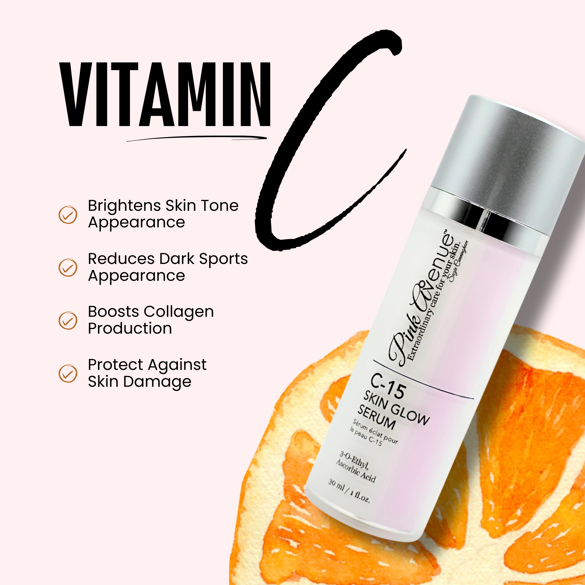 C-15 Skin Glow Serum bottle with orange slices and text about vitamin C benefits on a white background