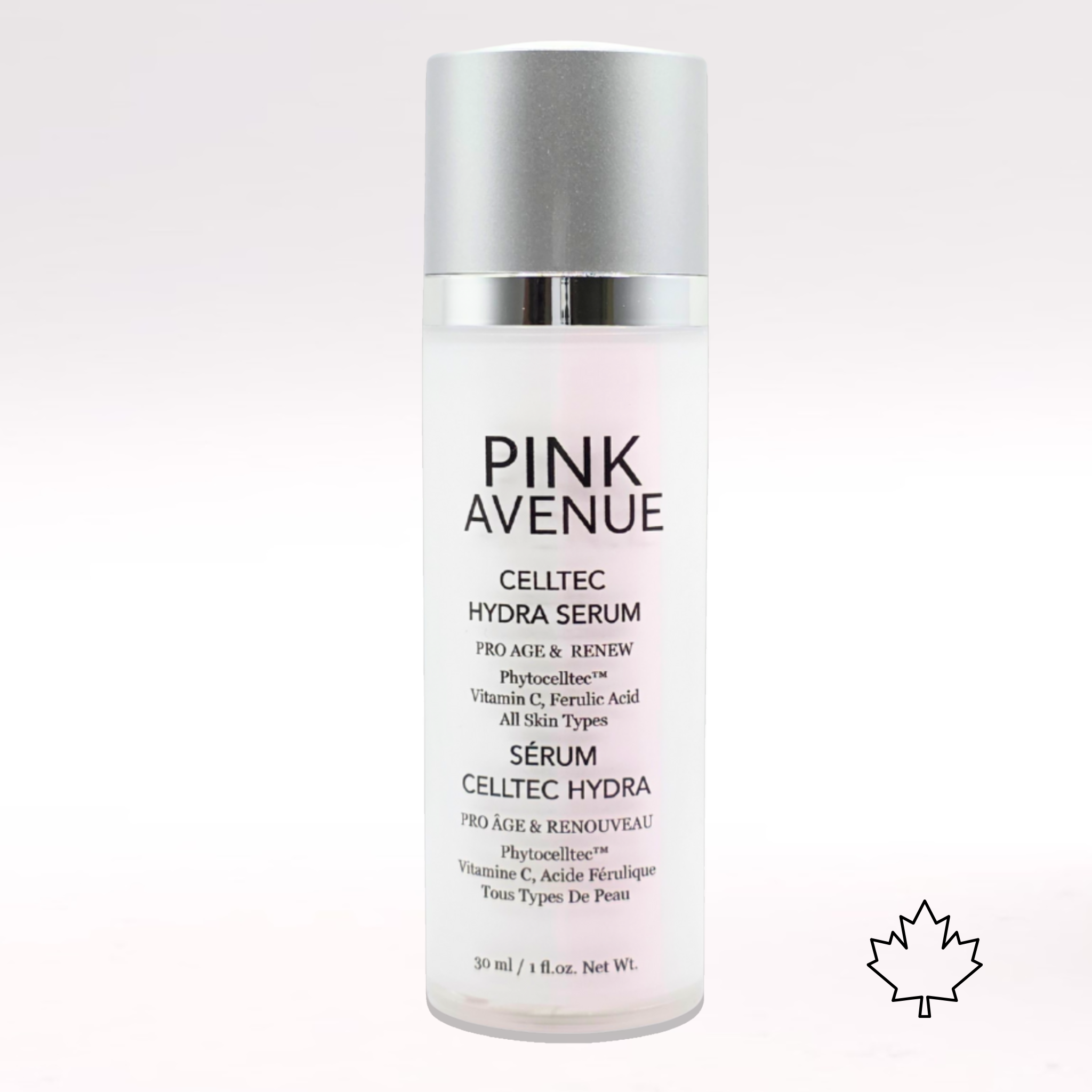 Pink Avenue Celltec Hydra Serum bottle on a white background