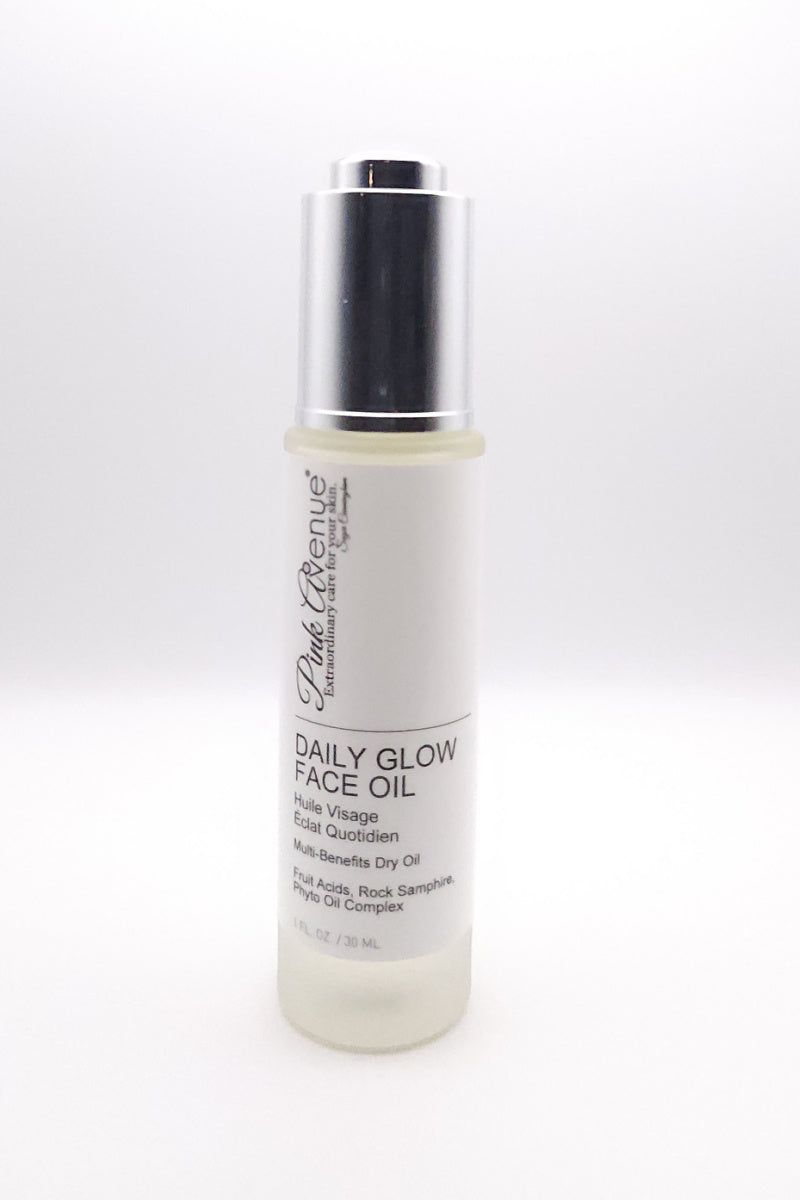 Pink Avenue Daily Glow Face Oil 30ml - dermatologist formulated lightweight dry oil with safflower, rosehip, and marula oils for enhancing skin texture and reducing appearance of fine lines, available at Pink Avenue Skin Care, Toronto, Canada