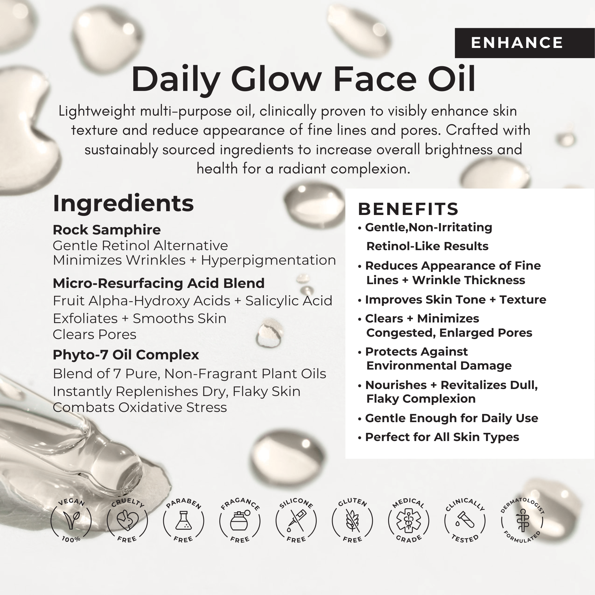 Product label for Daily Glow Face Oil with ingredients and benefits listed.