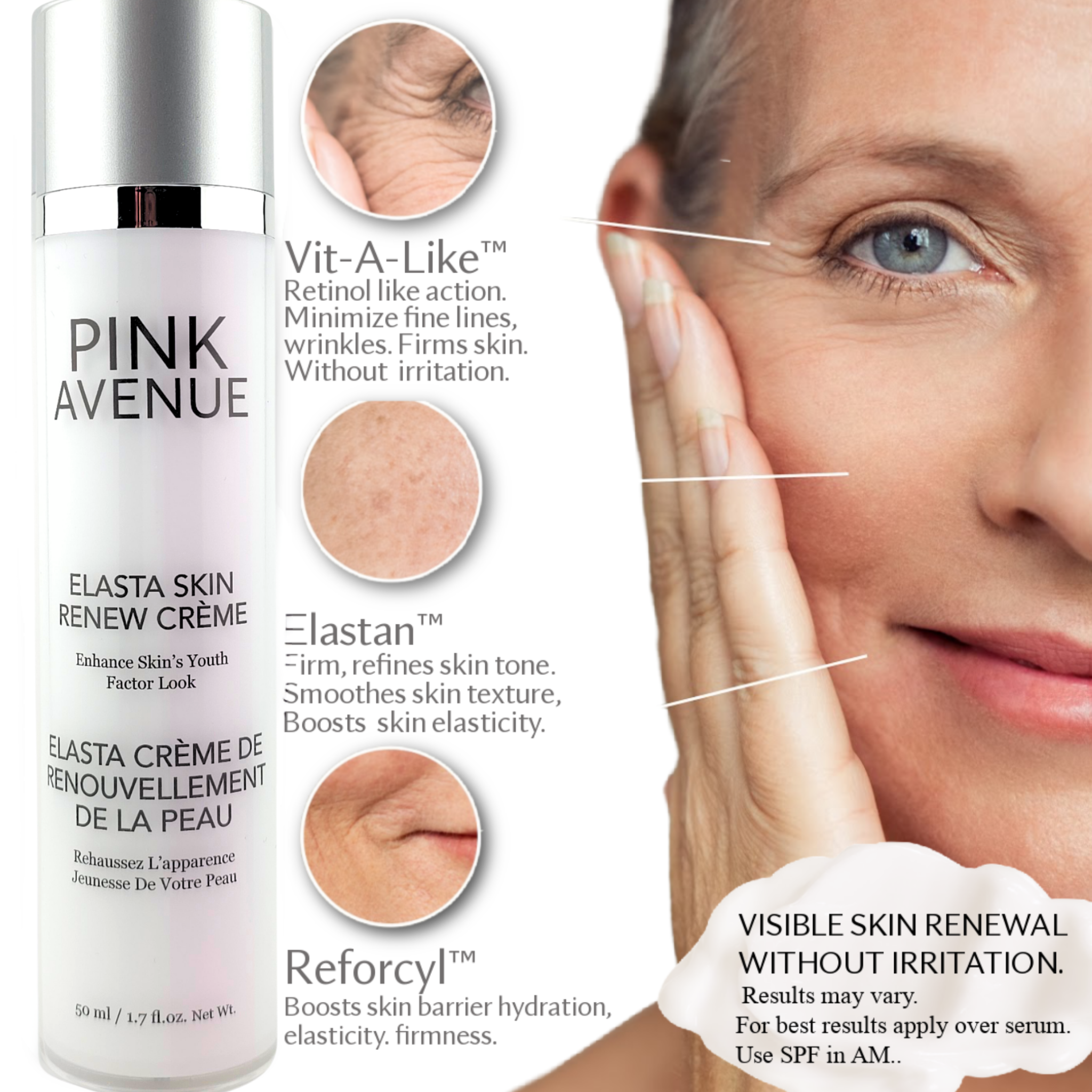 Pink Avenue Elasta Skin Renew Creme  Canadian skin care, info pic 