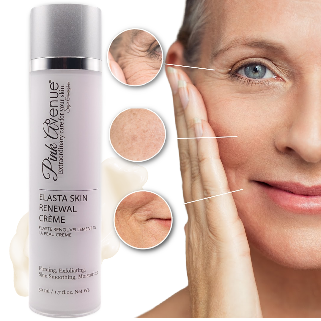 Kanadyjski Pink Avenue Elasta Skin Renewal Cream w eleganckim słoiczku, odpowiedni dla dojrzałej, suchej i starzejącej się skóry. Ta zaawansowana formuła zawiera Elastan™ (ekstrakt z Manilkara Multinervis) poprawiający jędrność i elastyczność skóry, Vit-A-Like™ do delikatnego złuszczania podobnego do retinolu w celu redukcji drobnych linii i nierównego kolorytu, Reforcyl™ do głębokiego nawilżenia i wsparcia bariery oraz Tego Stemlastin™ (z czerwonych alg) dla uzyskania promiennej, świetlistej cery. Odmładzający krem ​​nawilżający zaprojektowany w celu zwiększenia nawilżenia, elastyczności i