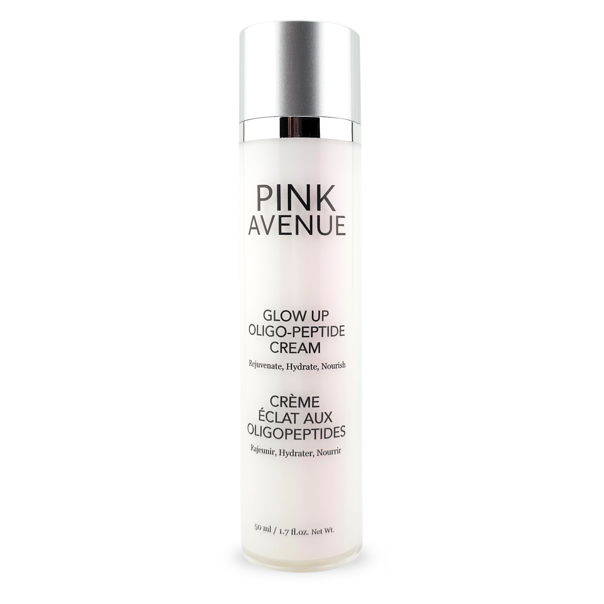 Pink Avenue Glow Up Oligo-Peptide Cream in a frosted white cylindrical bottle with a reflective silver cap, shown on a plain white background.
