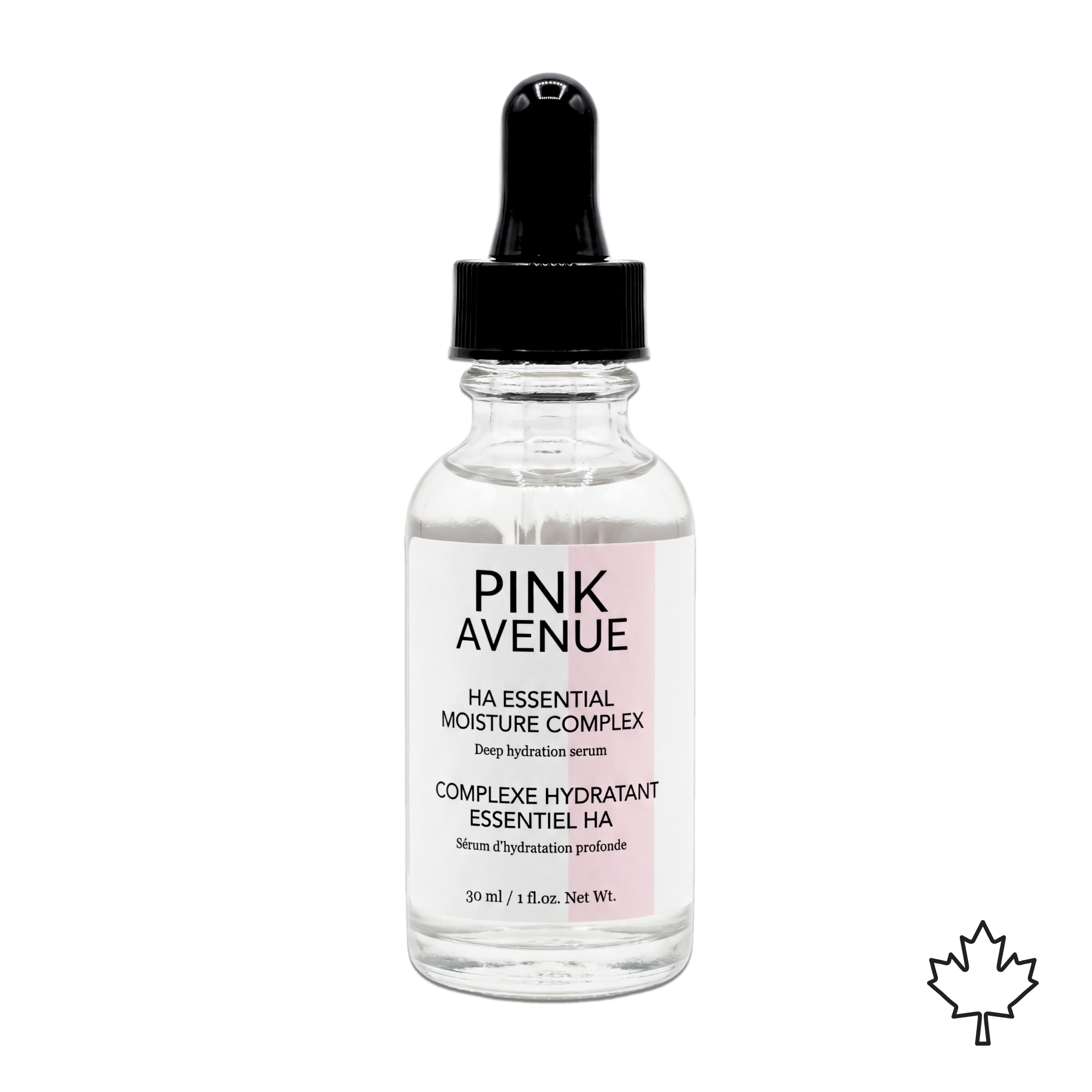 Pink Avenue HA Essential Moisture Complex bottle with dropper on a white background