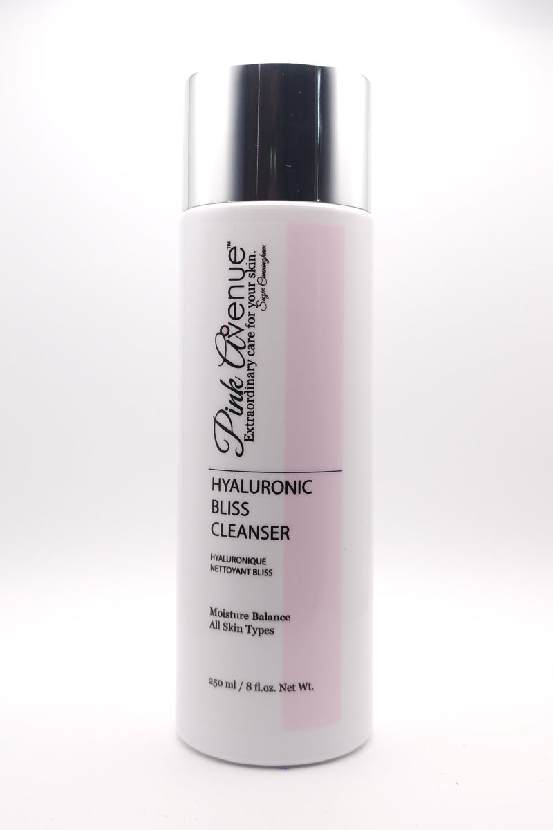 "Pink Avenue Hyaluronic Bliss Cleanser bottle - Hydrating facial cleanser with hyaluronic acid for all skin types, perfect for daily gentle cleansing"