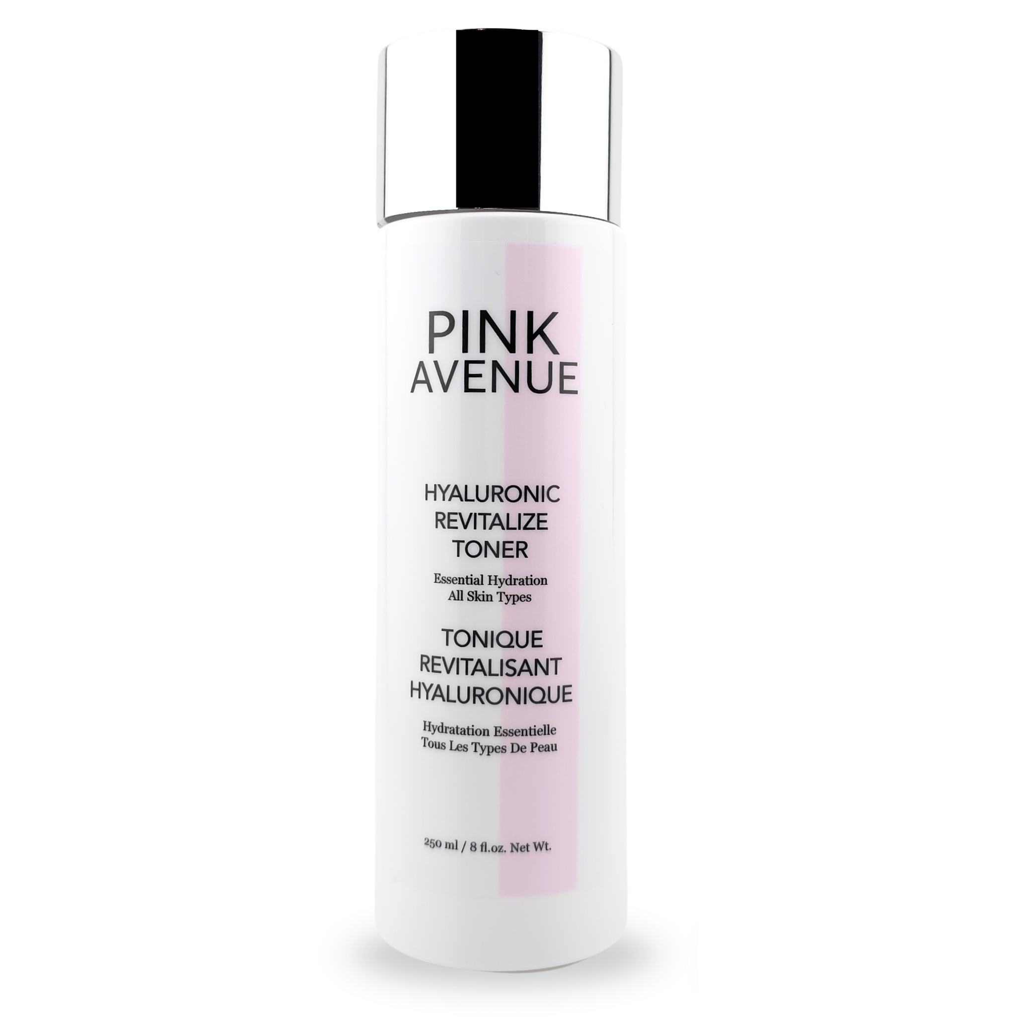 Pink Avenue Hyaluronic toner, on a white background - white bottle, pink stripe. 