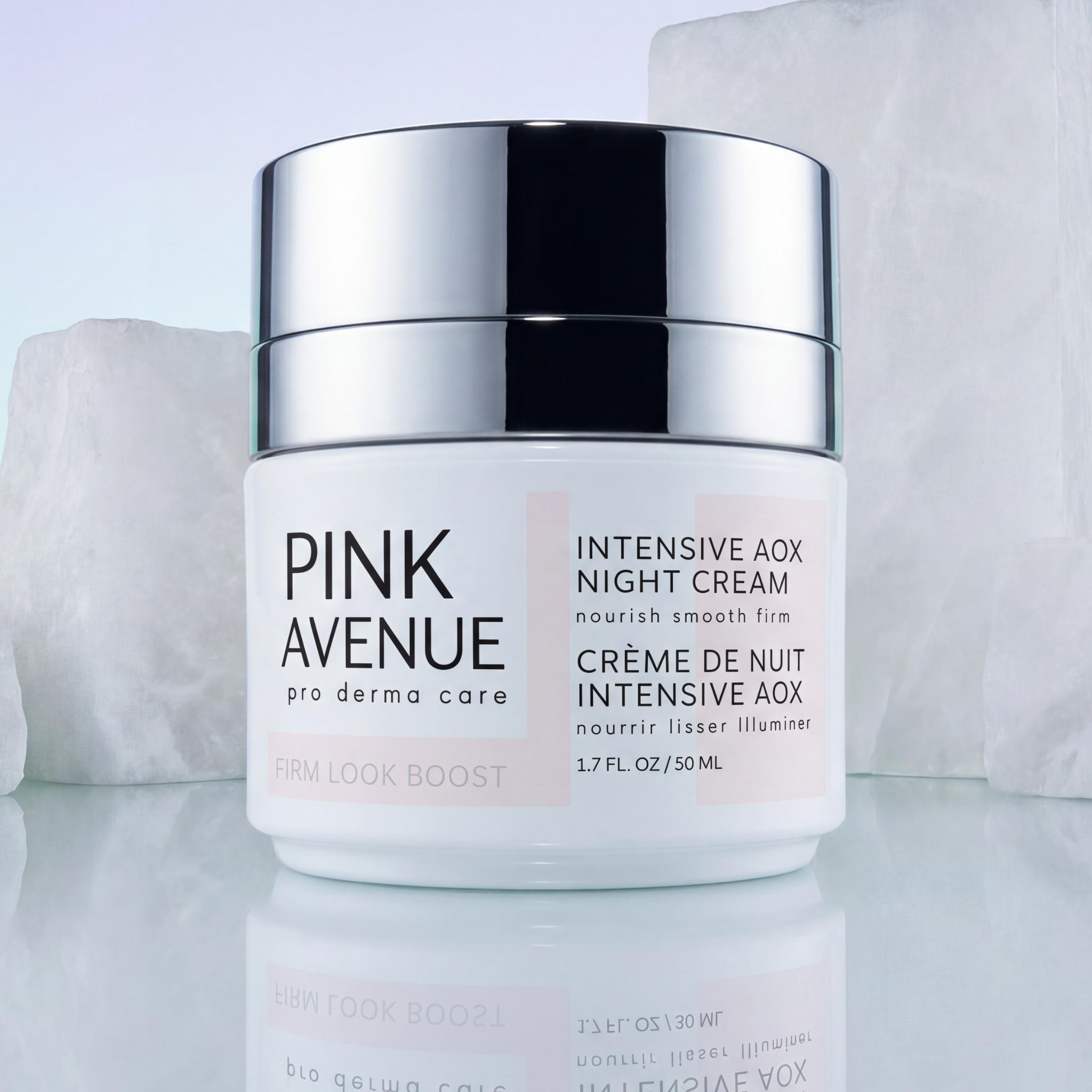 Pink Avenue intensive AOX night cream jar on a light background