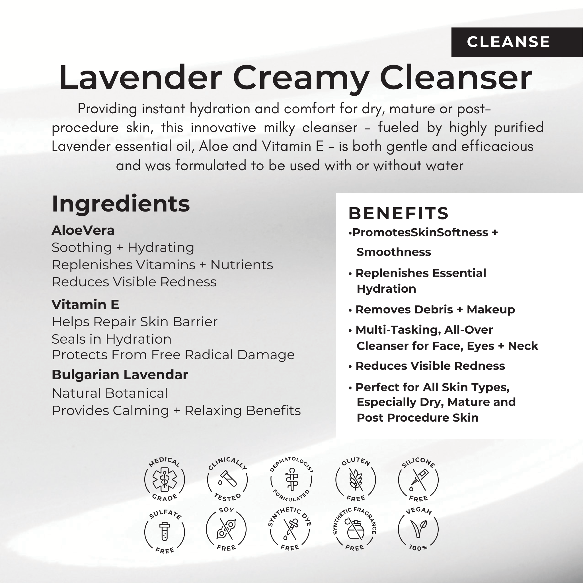 Lavender Creamy Cleanser product description with ingredients and benefits on a white background.