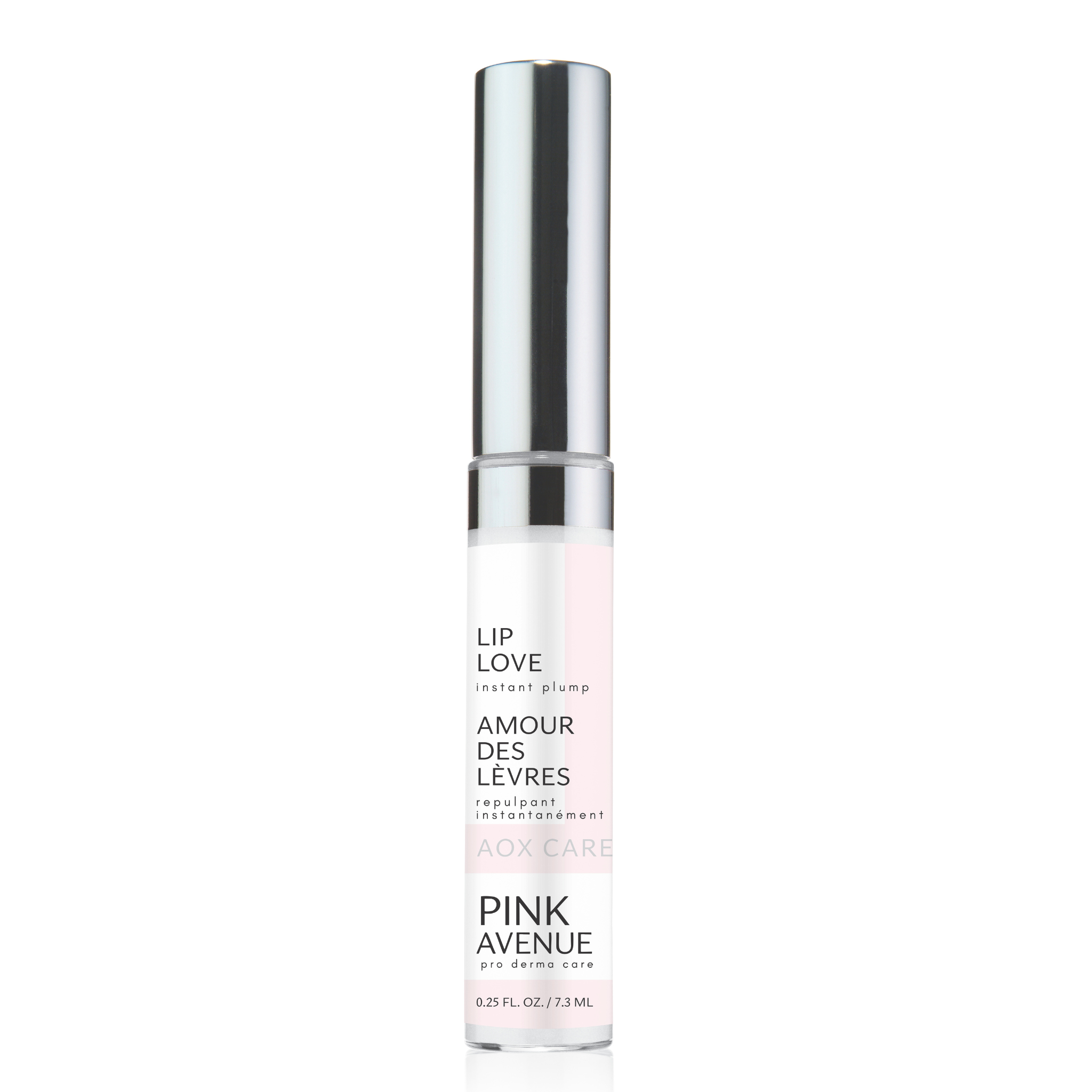 Lip love product bottle with pink label on a white background