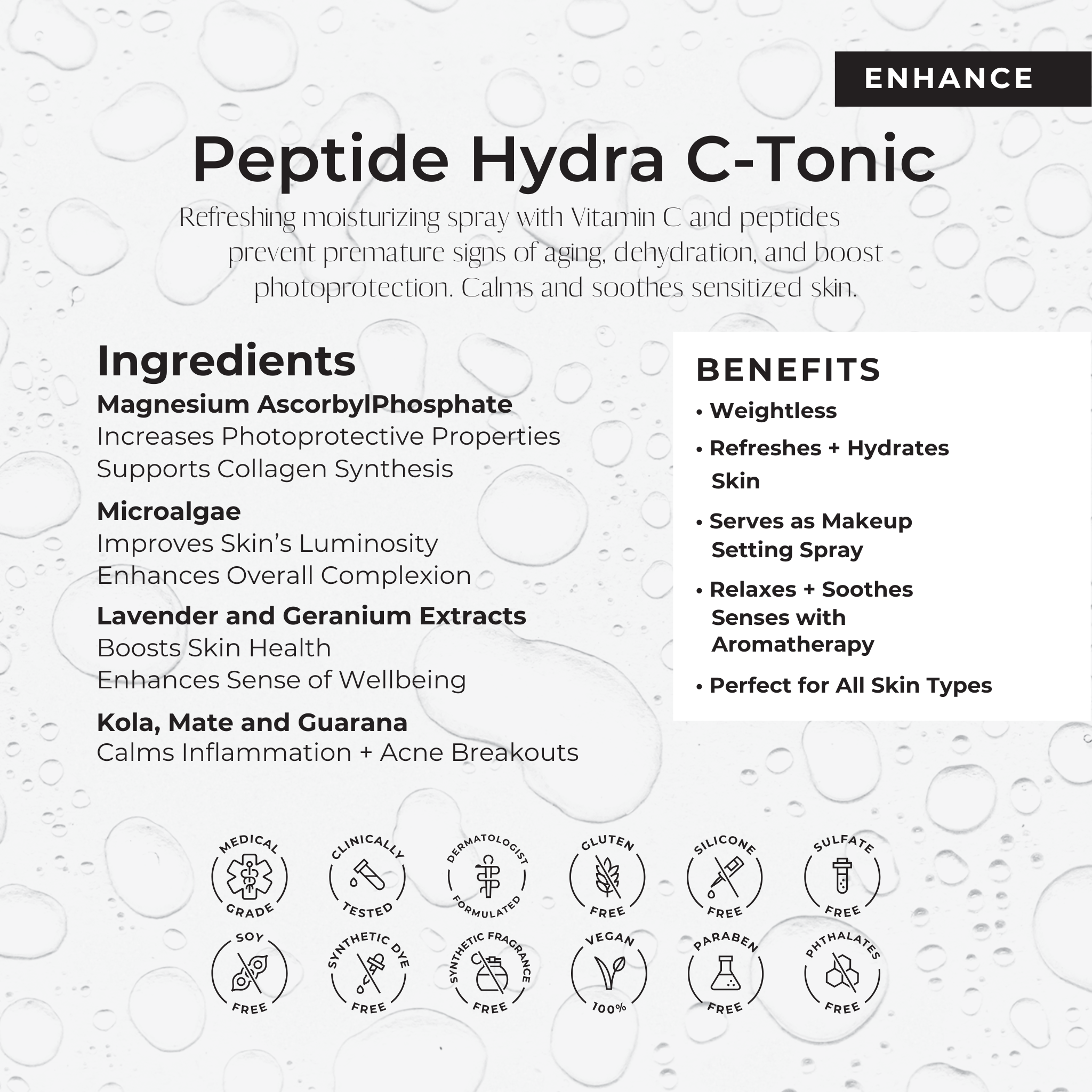 Product information card for Peptide Hydra C-Tonic with ingredients and benefits listed.
