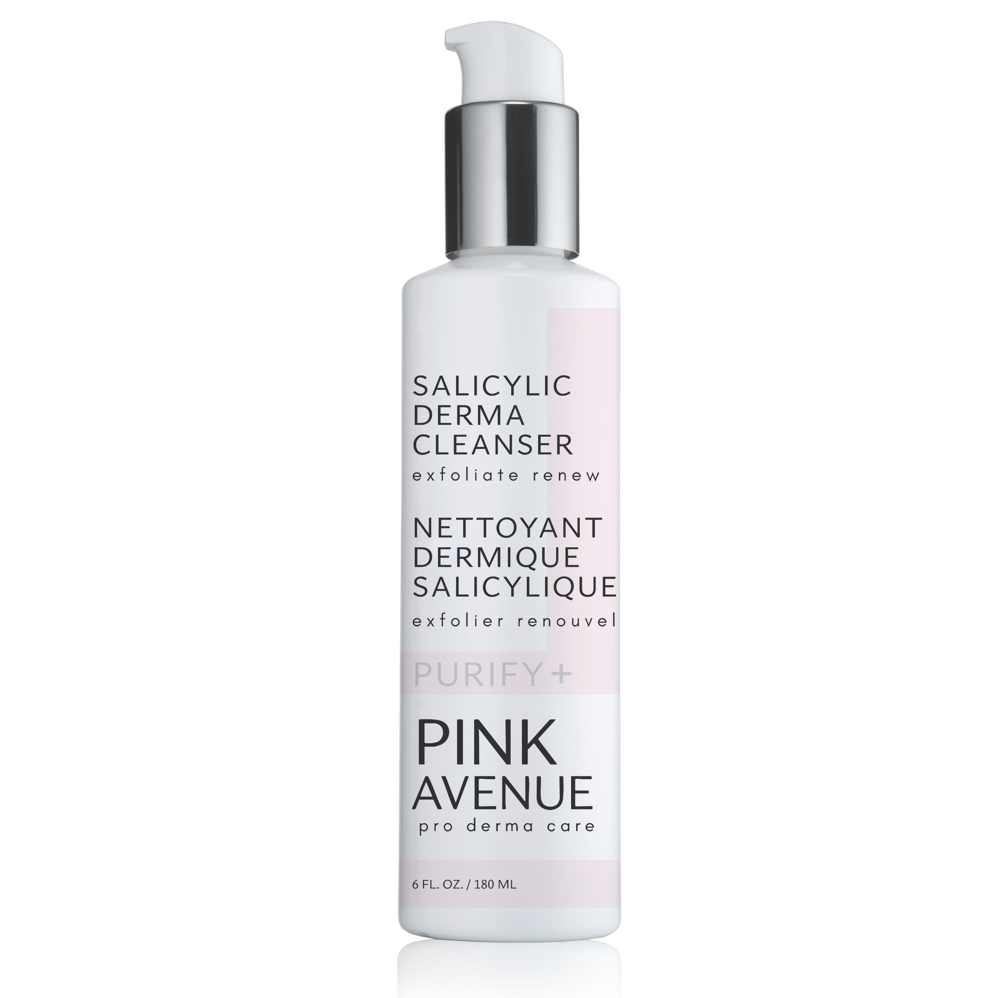 Pink Avenue Salicylic derma cleanser bottle with pink label on white background