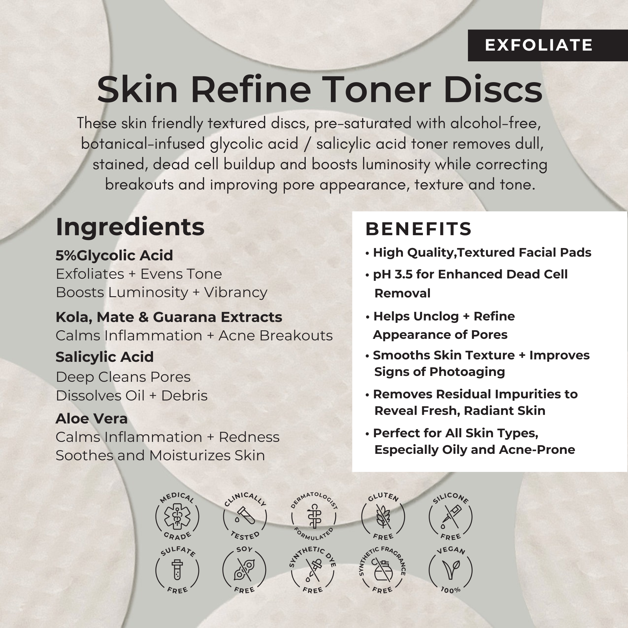 Product packaging for Skin Refine Toner Discs with ingredients and benefits listed.