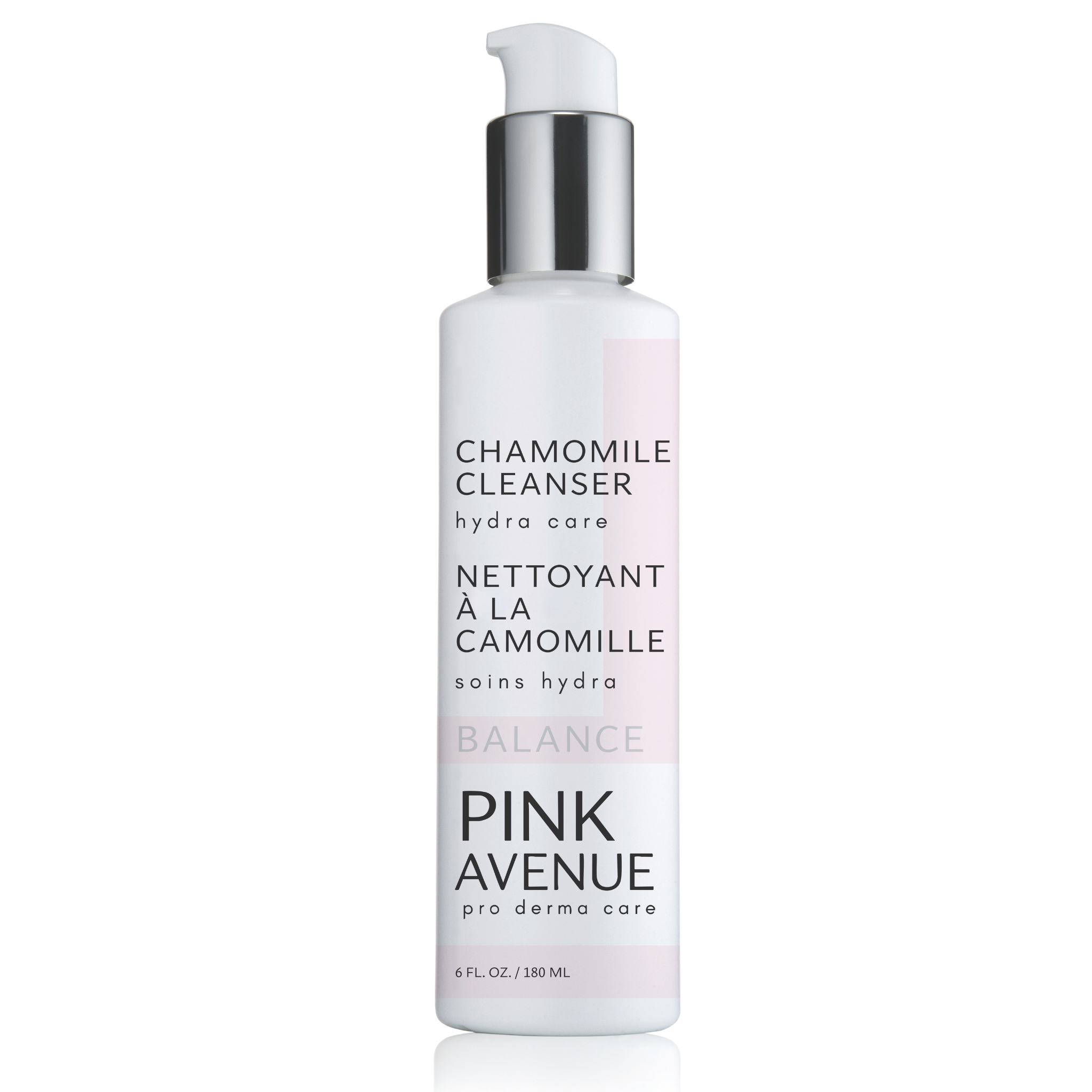 Pink bottle of Chamomile Cleanser with white pump on a white background