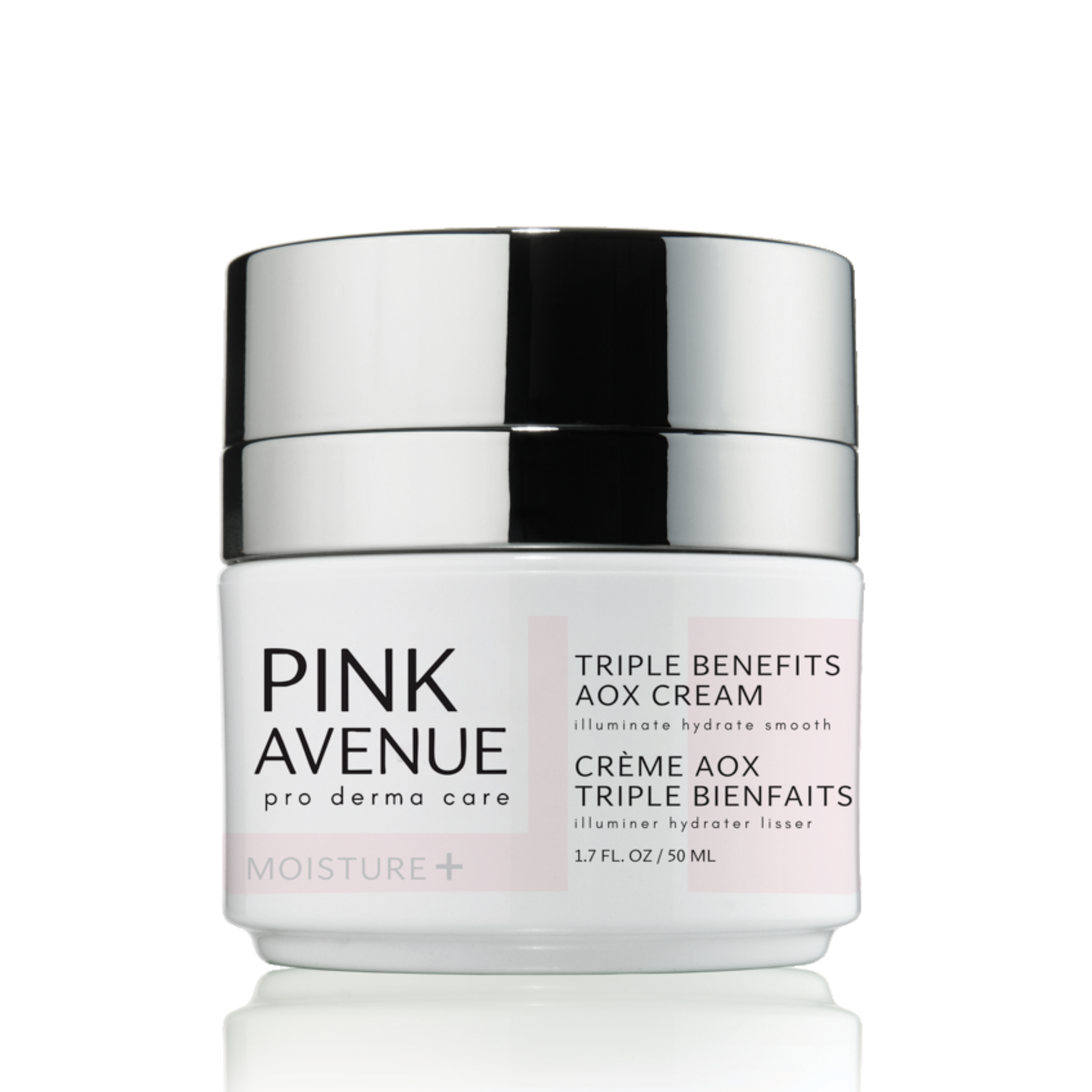 Pink Avenue triple benefits cream jar on a white background
