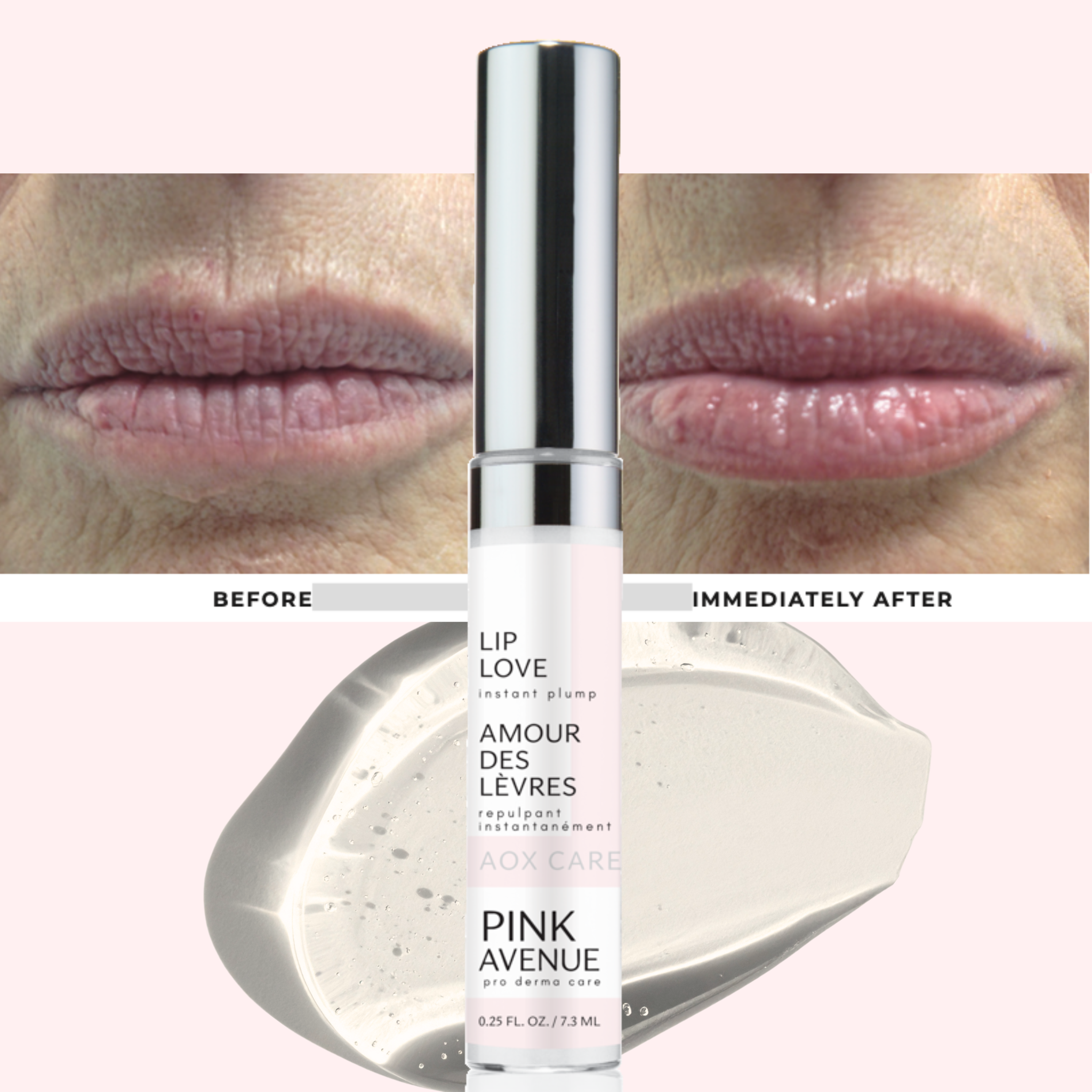 Lip serum with 'Before' and 'Immediately After' effects on lips, branded as Pink Avenue.