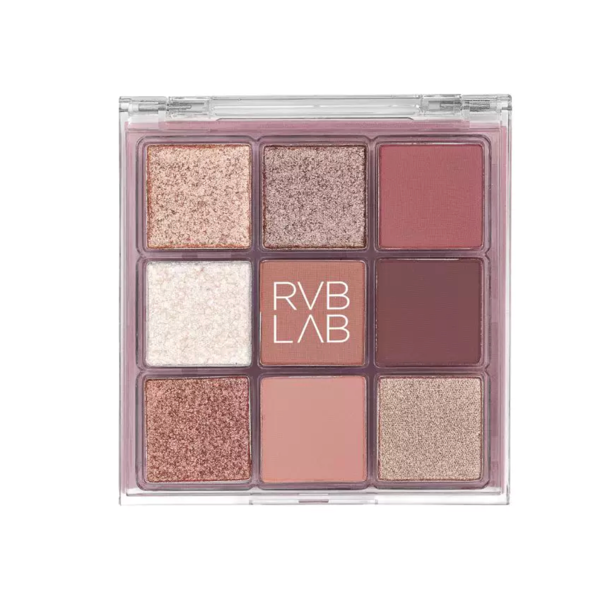 Makeup-palette med ni firkantede nuancer i forskellige farver fra mærket 'RVB LAB'.