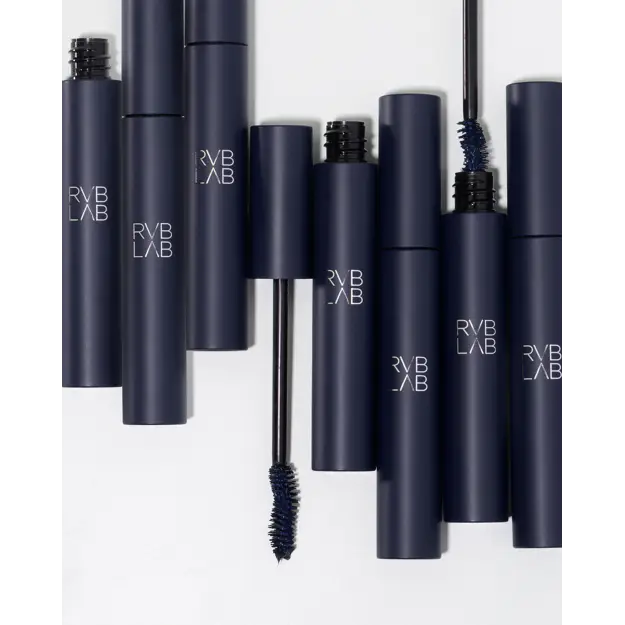 Collection of blue mascara on a whitte back ground 