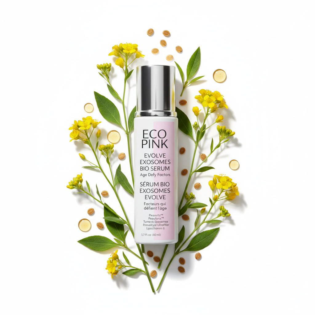 Eco Pink Evolve Exosomes Bio Serum Flat Lay with Camelina Sativa Only