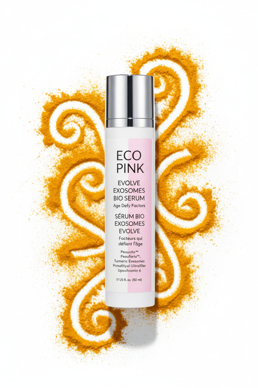 Eco Pink Evolve Serum with Clean Bottle and Turmeric Swirls