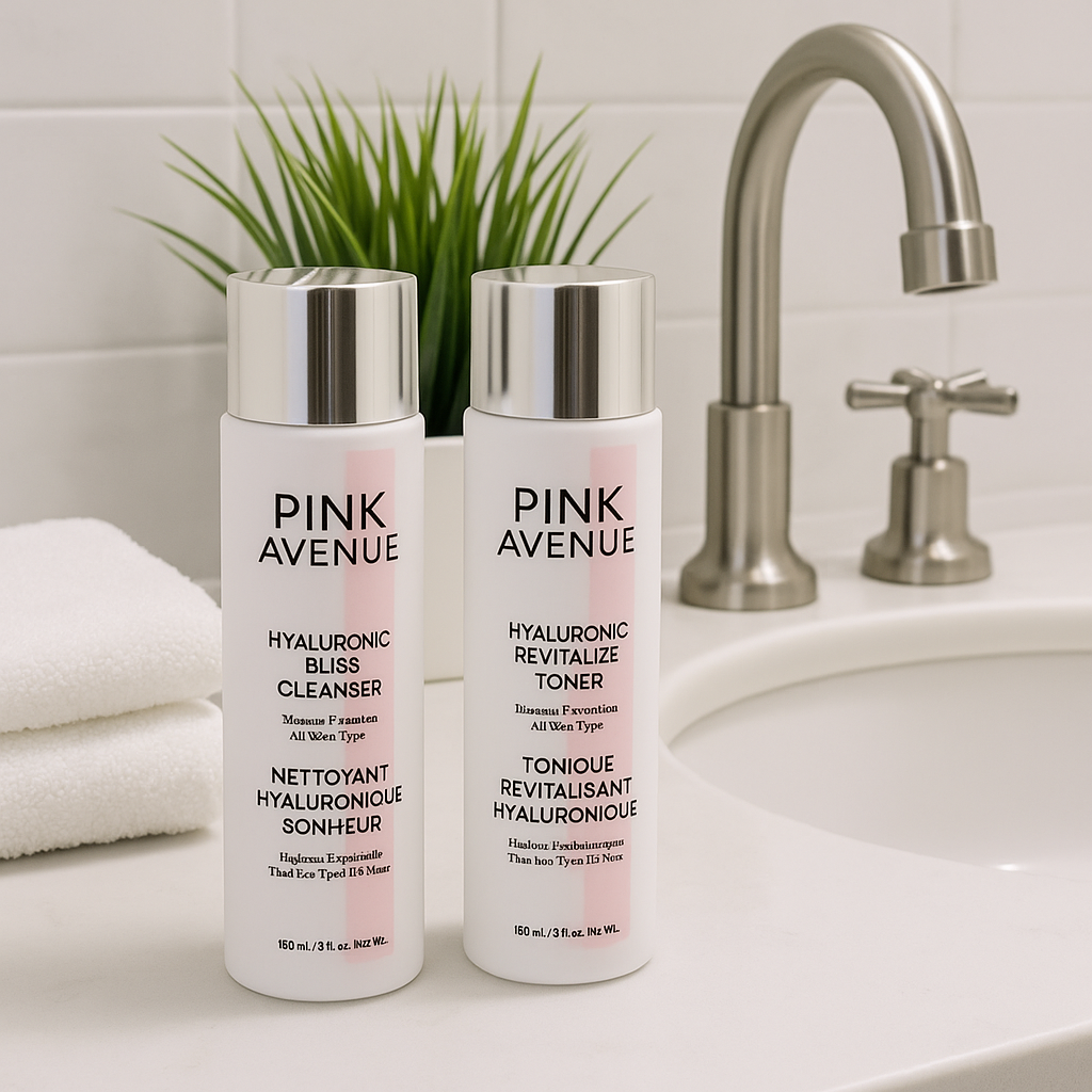 Luxury bathroom counter with Pink Avenue products, plant, and stacked towels