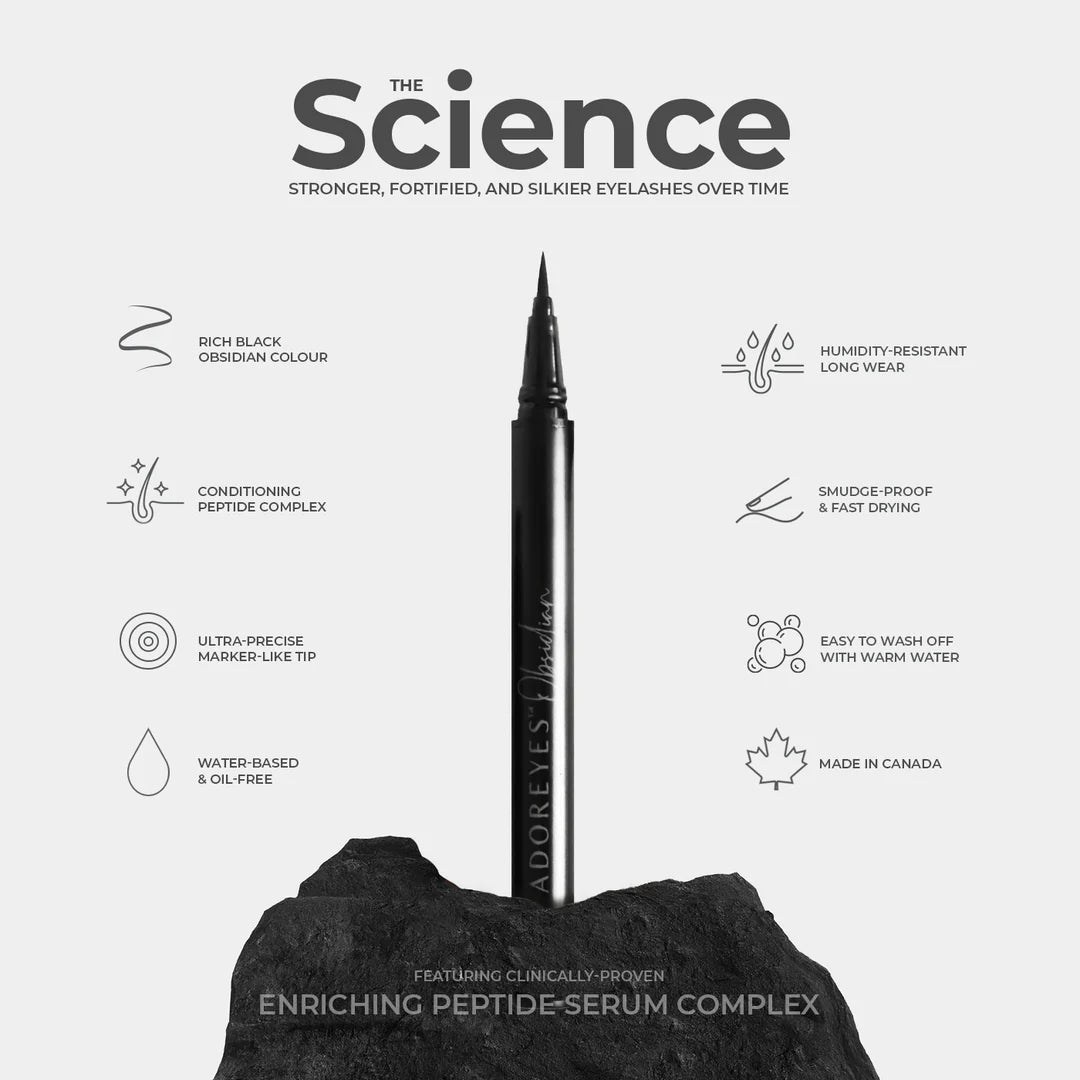 Nigra okulŝminkskribilo kun trajtoj listigitaj sur blanka fono