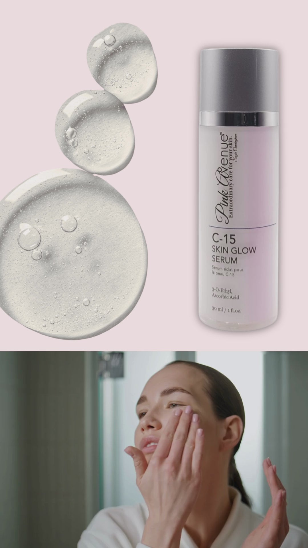 Video of woman applying serum, PInk Avenue C15 Skin Glow Serum, Toronto, Canada
