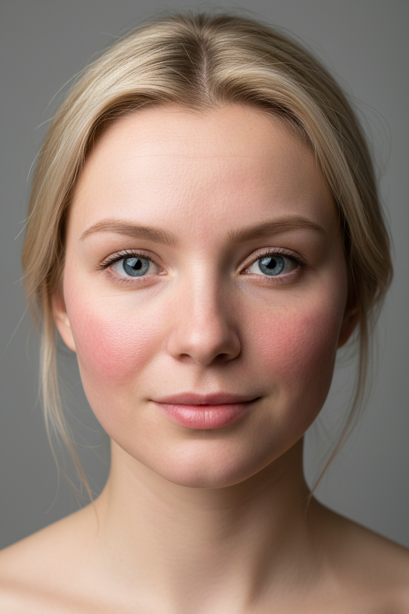 Young blonde woman with blue eyes and sensitive skin - red cheeks