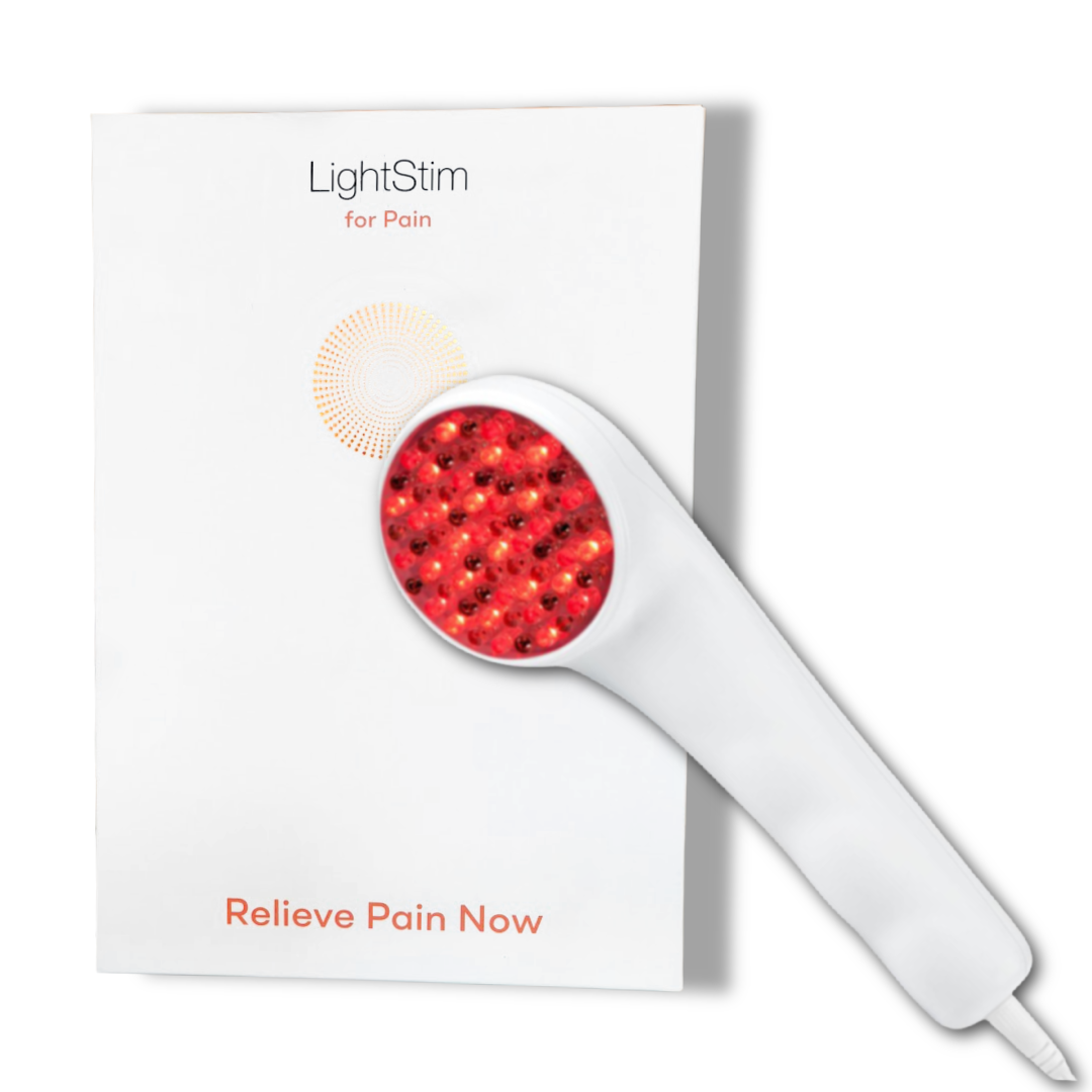LightStim for Pain device close-up showing LED light panel and ergonomic handle design