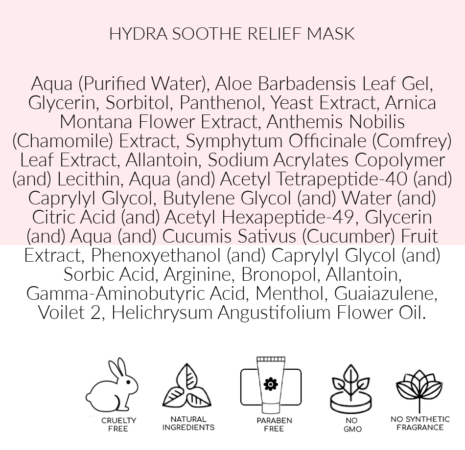 Ingredients, Hydra Soothe Relief Mask, best mask for sensitive skin, Toronto, ON